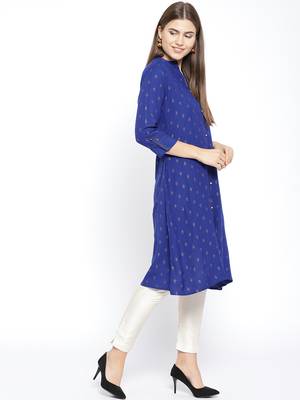 Navy Blue Printed Cotton Stitched Kurtas And Kurtis 4