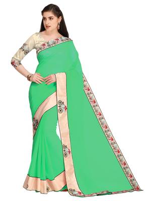 Green Embroidered Chiffon Saree With Blouse 1