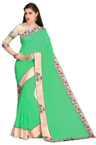 Green Embroidered Chiffon Saree With Blouse
