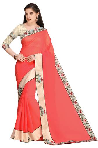 Light Red Embroidered Chiffon Saree With Blouse