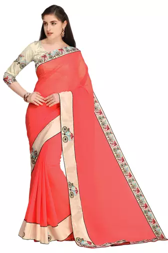 Light Red Embroidered Chiffon Saree With Blouse