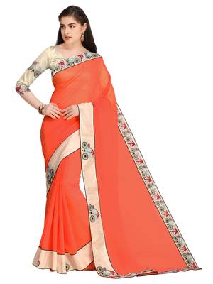 Orange Embroidered Chiffon Saree With Blouse 1
