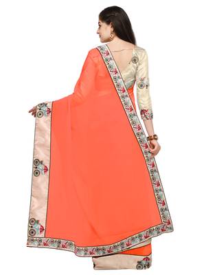 Orange Embroidered Chiffon Saree With Blouse 2