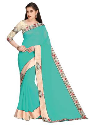 Turquoise Embroidered Chiffon Saree With Blouse 1