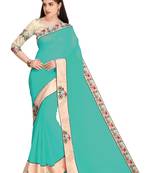 Turquoise Embroidered Chiffon Saree With Blouse