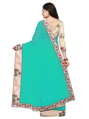 Turquoise Embroidered Chiffon Saree With Blouse 2