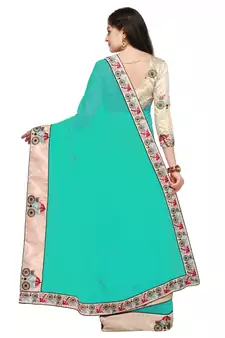 Turquoise Embroidered Chiffon Saree With Blouse