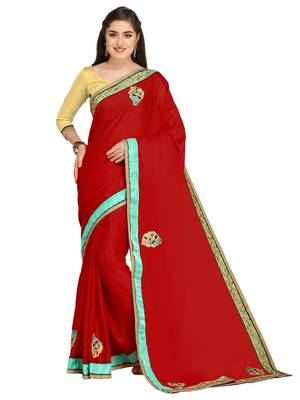 Maroon embroidered chiffon saree with blouse 1