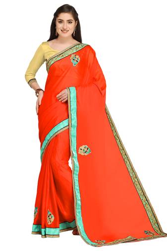 Orange Embroidered Chiffon Saree With Blouse