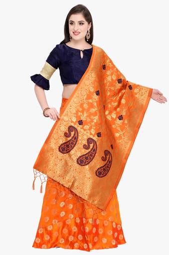 Orange Fancy Silk Semi Stitched Lehenga With Dupatta
