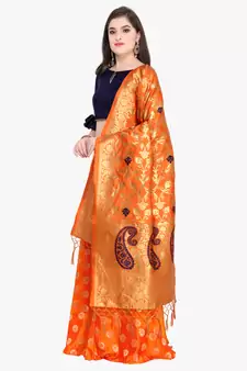 Orange Fancy Silk Semi Stitched Lehenga With Dupatta