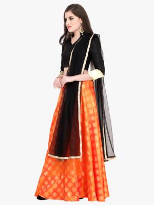 Orange Fancy silk blend Semi Stitched Lehenga With Dupatta 4
