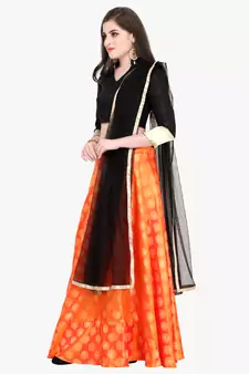 Orange Fancy silk blend Semi Stitched Lehenga With Dupatta
