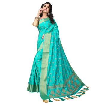 Turquoise embroidered art silk saree with blouse 1