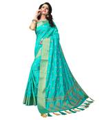 Turquoise embroidered art silk saree with blouse