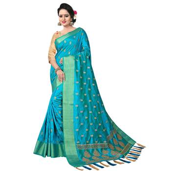 Blue embroidered art silk saree with blouse 1