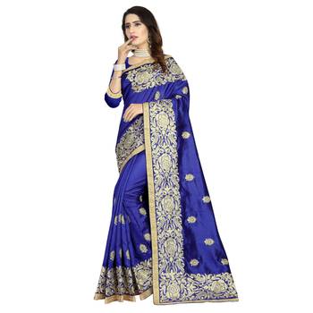 Blue embroidered art silk saree with blouse 1