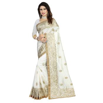 White embroidered art silk saree with blouse 1