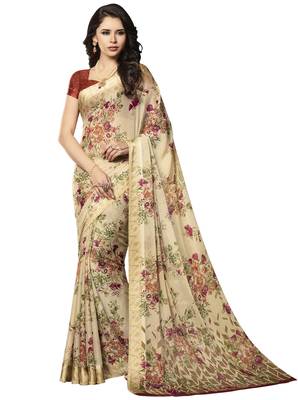 Beige Floral Chiffon saree with blouse 1
