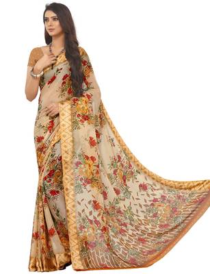 Beige Floral Chiffon saree with blouse 1