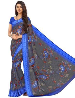Grey Floral Chiffon saree with blouse 1