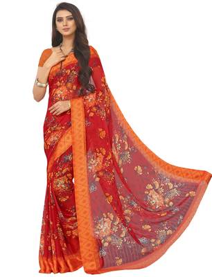 Red Floral Chiffon saree with blouse 1
