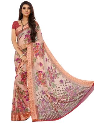 Pink Floral Chiffon saree with blouse 1