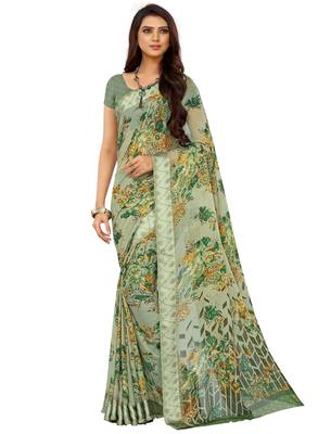 Green Floral Chiffon saree with blouse 1