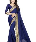 Royal blue embroidered satin saree with blouse
