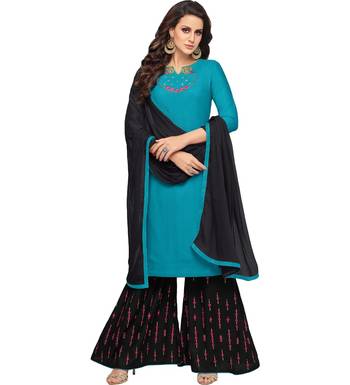 Sky Blue & Black Rayon Embroidered Women's Palazzo Suit 1