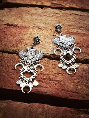 Zerokaata Peacock Embellished Tribal Jewellery Danglers With Hanging Moons And Coins 1