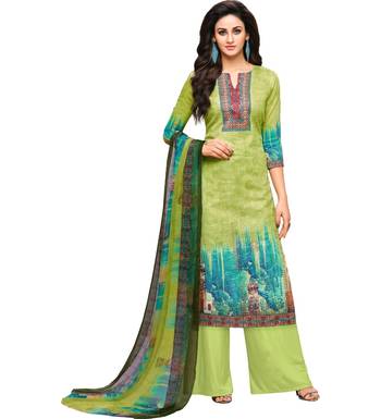 Parrot Green Glaze Cotton Printed Women's Salwar Suit With Aari Work 1