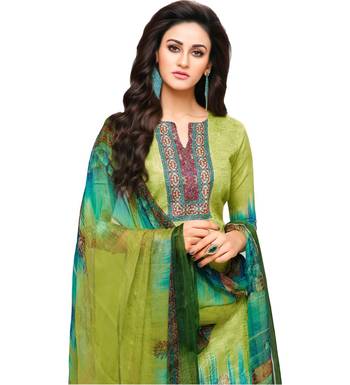 Parrot Green Glaze Cotton Printed Women's Salwar Suit With Aari Work 3