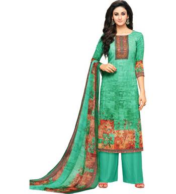 Sea Green Glaze Cotton Printed Women's Salwar Suit With Aari Work 1