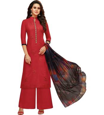 Red Satin Cotton Printed & Embroidered Women's Palazzo Suit 1