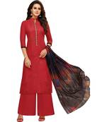 Red Satin Cotton Printed & Embroidered Women's Palazzo Suit