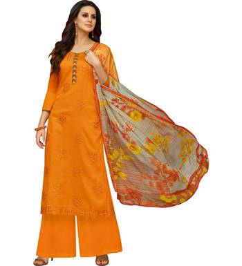 Orange Satin Cotton Printed & Embroidered Women's Palazzo Suit 1