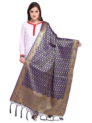 Blue Color Poly Silk Banarasi Women'S Dupatta 1