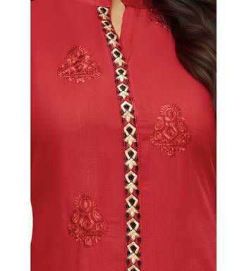 Red Satin Cotton Printed & Embroidered Women's Palazzo Suit 5