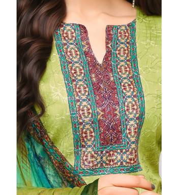 Parrot Green Glaze Cotton Printed Women's Salwar Suit With Aari Work 5