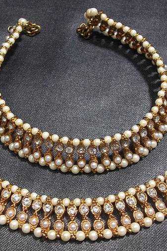 Golden Moti and Stone pearl double line anklet