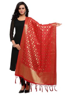 Red Color Poly Silk Banarasi Women'S Dupatta 1