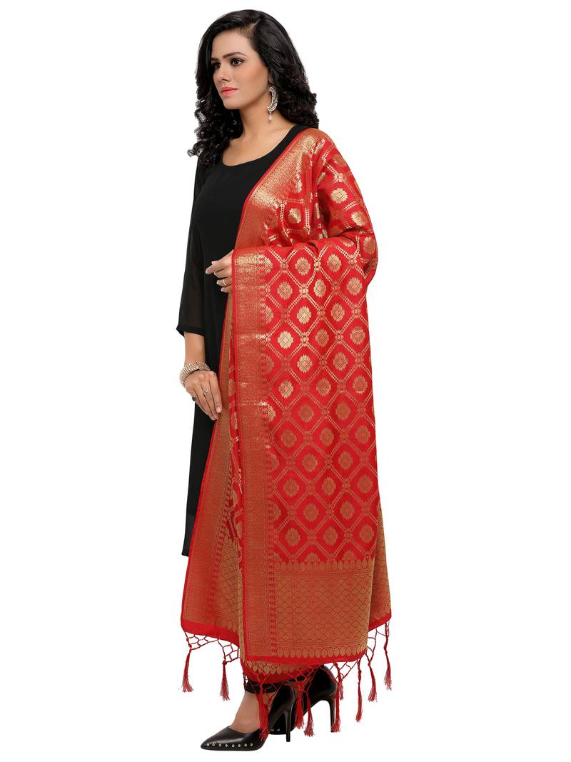 Red Color Poly Silk Banarasi Women'S Dupatta