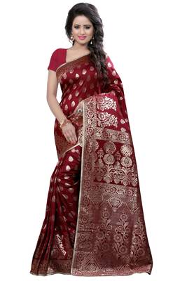 Dark maroon woven banarasi saree with blouse 1