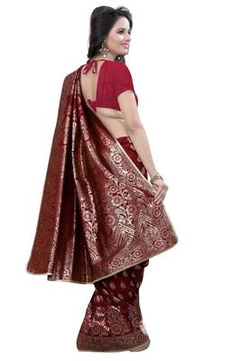Dark maroon woven banarasi saree with blouse 2