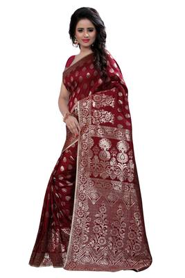 Dark maroon woven banarasi saree with blouse 3