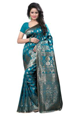 Aqua blue woven banarasi saree with blouse 1