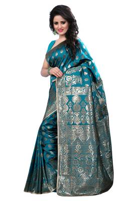 Aqua blue woven banarasi saree with blouse 3
