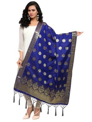 Navy Blue Color Poly Silk Banarasi Women'S Dupatta 1