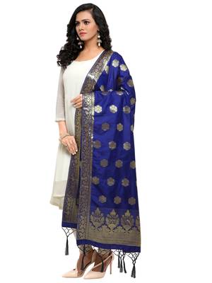 Navy Blue Color Poly Silk Banarasi Women'S Dupatta 2